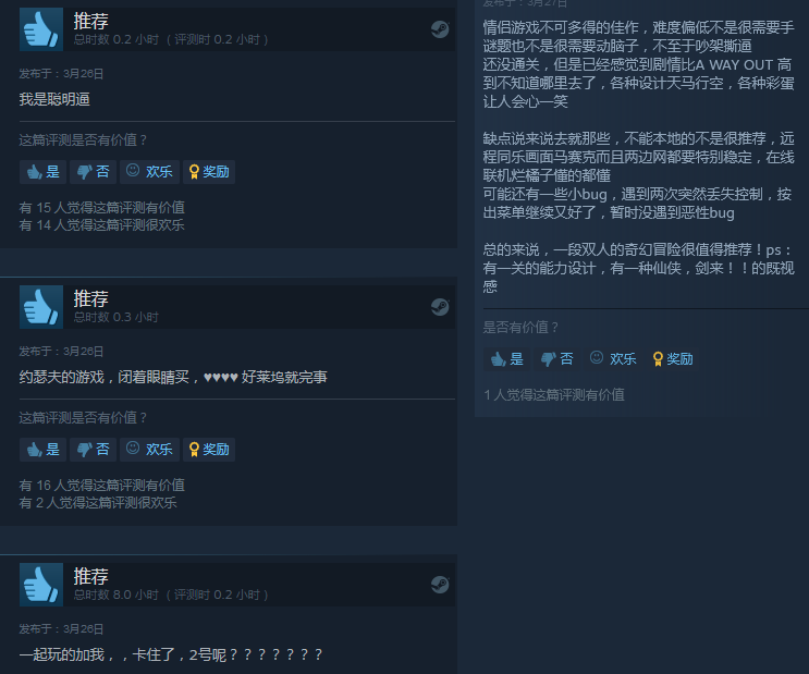 《双人成行》Steam特别好评：关卡创意新颖、比较欢乐